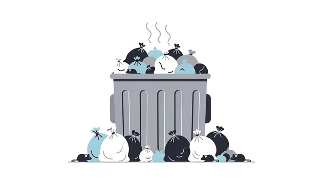 A cartoon illustration depicts a full trash bin with overflowing bags, steam rising, surrounded by smaller bags and rats. The image is clean and minimalistic