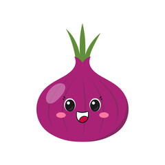 Red onion, cute and fun cartoon character, emotions joy delight, big eyes, happy smiling face, kawaii style, icon vector illustration.