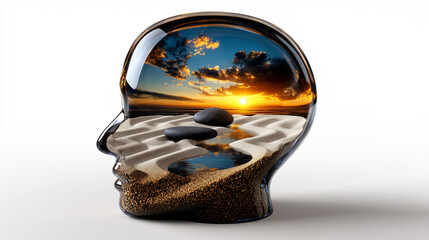 Une silhouette de t&ecirc;te en verre transparent contenant une plage zen au sable ratiss&eacute;, une pierre flottante et un coucher de soleil