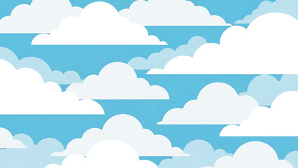 A cartoon-style illustration of a bright blue sky filled with fluffy white clouds, creating a whimsical and cheerful atmosphere