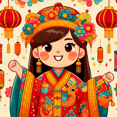 Cartoon illustration of people wearing Chinese New Year clothes