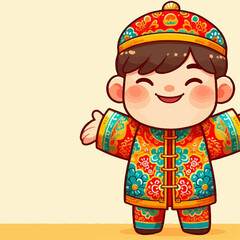 Cartoon illustration of people wearing Chinese New Year clothes