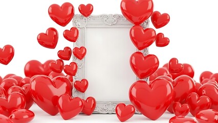 A cascade of vibrant red hearts flowing from an open window frame on white