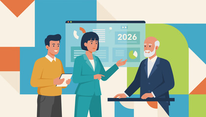 Diverse business team planning 2026 strategy analyzing financial charts and data projections in a professional meeting