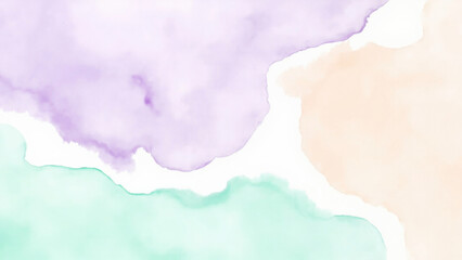 Soft pastel watercolor splashes in purple, peach, and mint green create a gentle abstract background