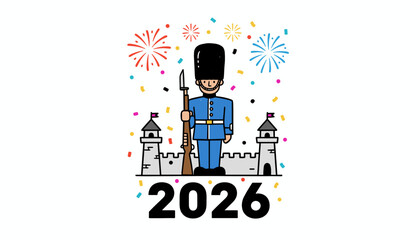 Royal Guard cartoon celebrating 2026 New Year fortress colorful confetti and fireworks doodle