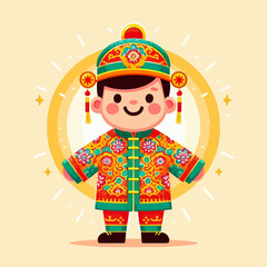 Cartoon illustration of people wearing Chinese New Year clothes