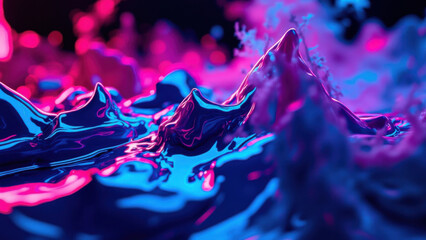 Abstract liquid landscape with neon pink and blue glowing lights