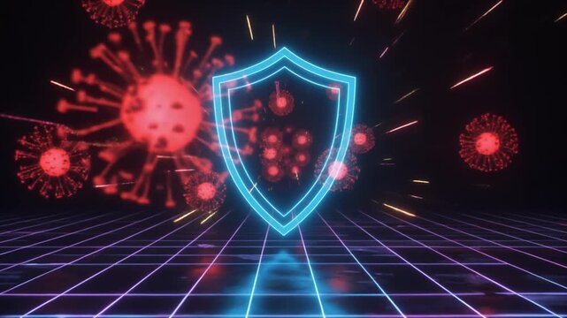 Digital blue shield icon actively defending against glowing red coronavirus particles in abstract space