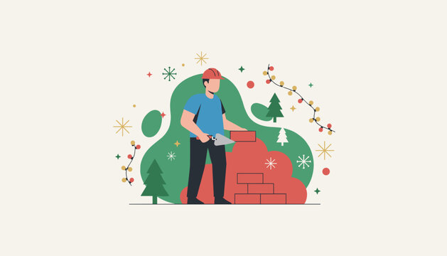 Construction worker builds a brick wall amidst Christmas decorations and trees Holiday industry illustration