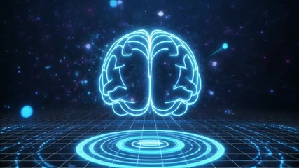 Neon brain icon hovers above a glowing digital grid signifying advanced artificial intelligence processing. - Powered by Adobe