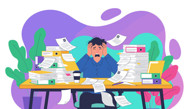 Overwhelmed man stressed by too much paperwork and deadlines Work burnout and bureaucracy concept