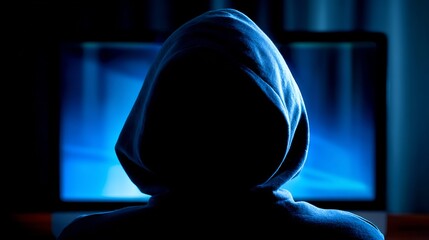 The dark silhouette of an individual in a deep hood sits before a large computer monitor displaying abstract blue light patterns in a dimly lit environment.