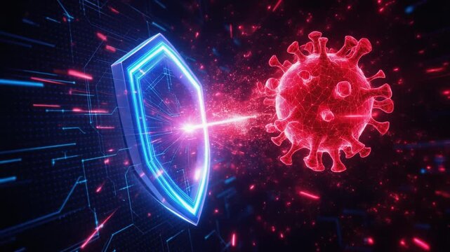 Digital glowing shield successfully blocks aggressive red coronavirus particle concept in dark cyberspace