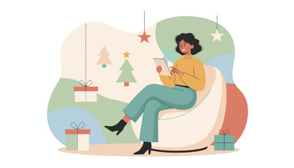 Woman shops for holiday gifts online using a tablet surrounded by festive Christmas decorations