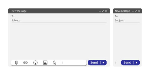 Email mockup interface layout. Blank mail window on computer and mobile phone screen. Web message frame template with send button and subject field. Simple flat vector design isolated