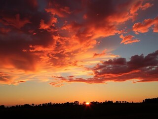 Obraz premium Fiery sky bleeds orange and crimson as the sun dips below the horizon, casting long shadows , tranquil, natural
