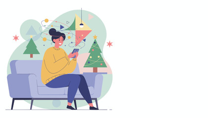 Happy woman uses her phone on a couch surrounded by festive Christmas dcor and abstract information overload