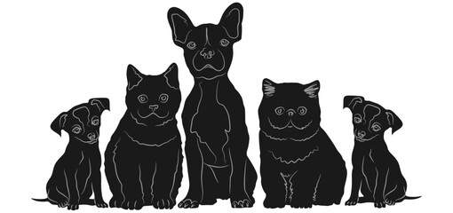 Group of Cats and Dogs Silhouettes Isolated on White Background