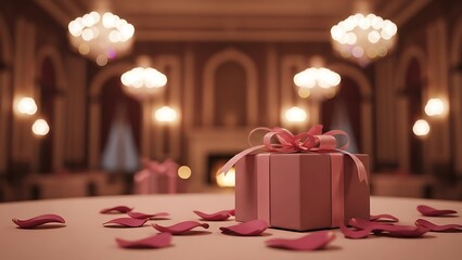 Elegant pink gift box with rose petals in a luxurious ballroom setting