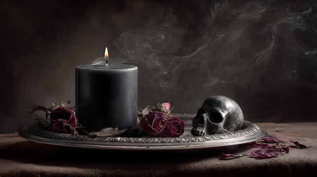 Candle Skull and Roses Memento Mori Still Life