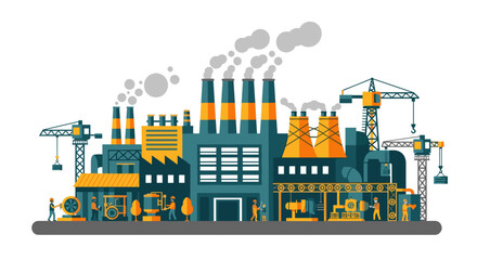 Fototapeta premium Busy industrial factory complex illustration with smokestacks and construction cranes Manufacturing production concept