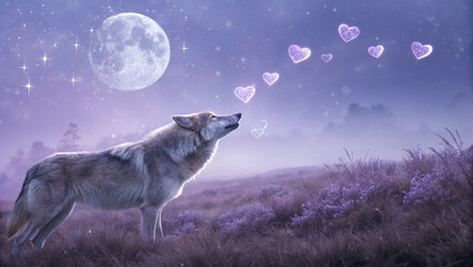 Moon-Kissed Valentine Background with Silver Wolf Fur Gradients and Crystal Hearts