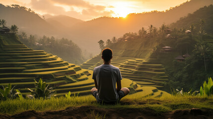 A young man contemplating a multi-level rice terraces between mountains in Indonesia at sunset