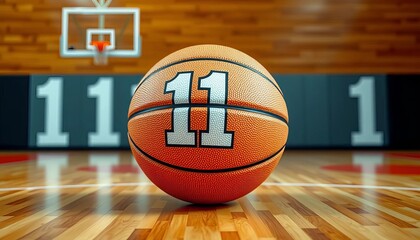 A textured basketball rests on a gleaming hardwood court, with a graphic display of the number eleven, conveying athletic spirit and competitive play,  athletic,  eleven