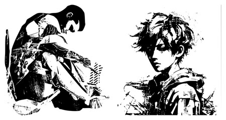 Naklejka premium two stylized figures in distressed black and white vector art