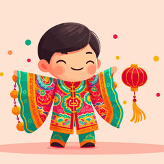 Cartoon illustration of people wearing Chinese New Year clothes
