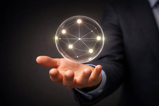 Businessman holding sphere with glowing network nodes - Powered by Adobe