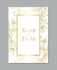 Elegant gold Save the Date wedding invitation card with lily floral outlines. Vector template with a rectangular golden frame for luxury events