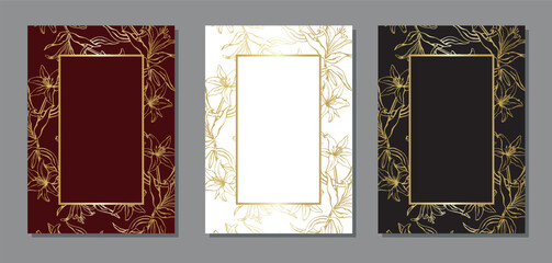Set of three luxury floral cards with gold lily outlines on burgundy, white, and black. Elegant  vector frames for wedding invitations and upscale events