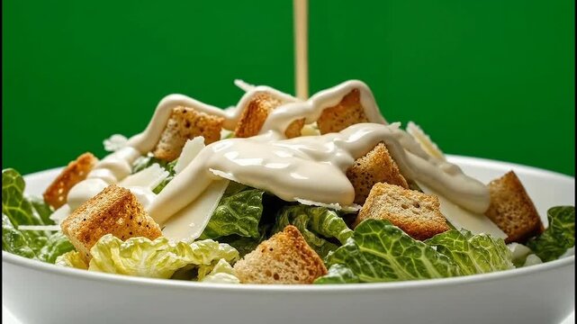 Cinematic Caesar Salad With Creamy Dressing Drizzle On Green Screen Background 