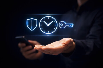 Person holding phone with digital security icons floating