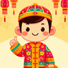 Cartoon illustration of people wearing Chinese New Year clothes