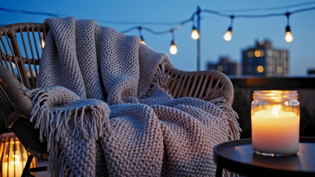 Candle Burning on Table Beside a Chair With Blanket at Night