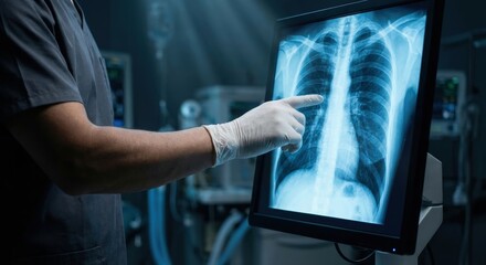 Medical Professional Analyzing Chest X-Ray on Digital Screen in Hospital Environment with Neon Lighting