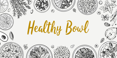 A decorative illustration showcasing various fruits and healthy bowl arrangements