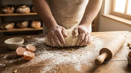 Fototapeta premium Baking process A close-up view of hands kneading dough on a wooden surface, with an egg and a rolling pin nearby