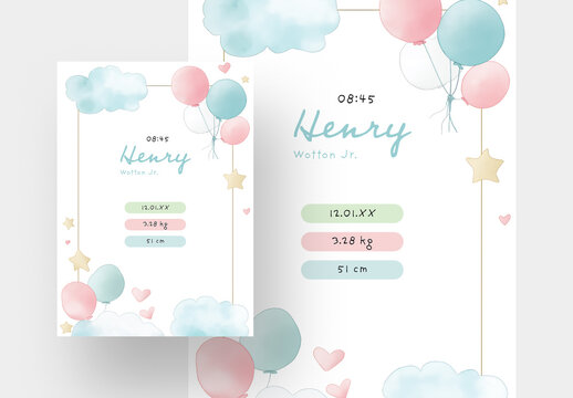Watercolor Style Birth Card Layout
