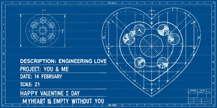 Blueprint of a heart engineering design and valentine s day sentiment
