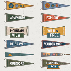 Collection of colorful pennant banners with adventure explore and nature themes © Juel