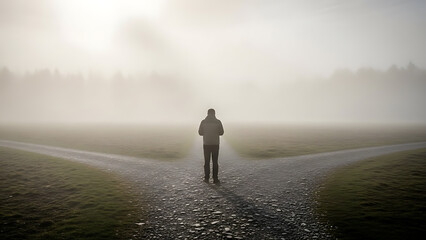 Man standing at crossroads on foggy day contemplating life choices