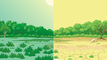 A stark contrast lush greenery and a parched barren landscape side by side