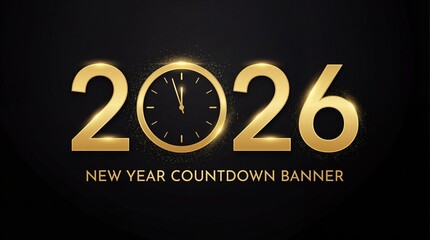 Golden 2026 New Year Countdown Banner with Clock on Black Background