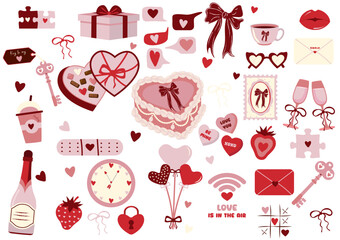 Cute Valentine's Day vector coquette set: hearts, chocolate, cake, balloons, love letters, icons champagne heart sunglasses and padlock. Romantic flat illustrations, isolated, cards, stickers.  
