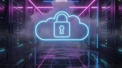 Glowing cloud padlock hovers in a neon-lit digital server room pathway symbolizing data security. - Powered by Adobe