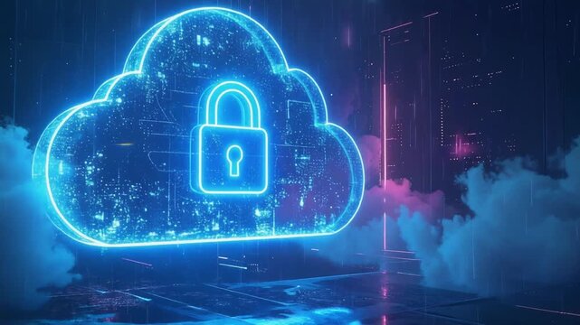 Glowing neon cloud computing symbol with a secure padlock represents digital data safety and protection
